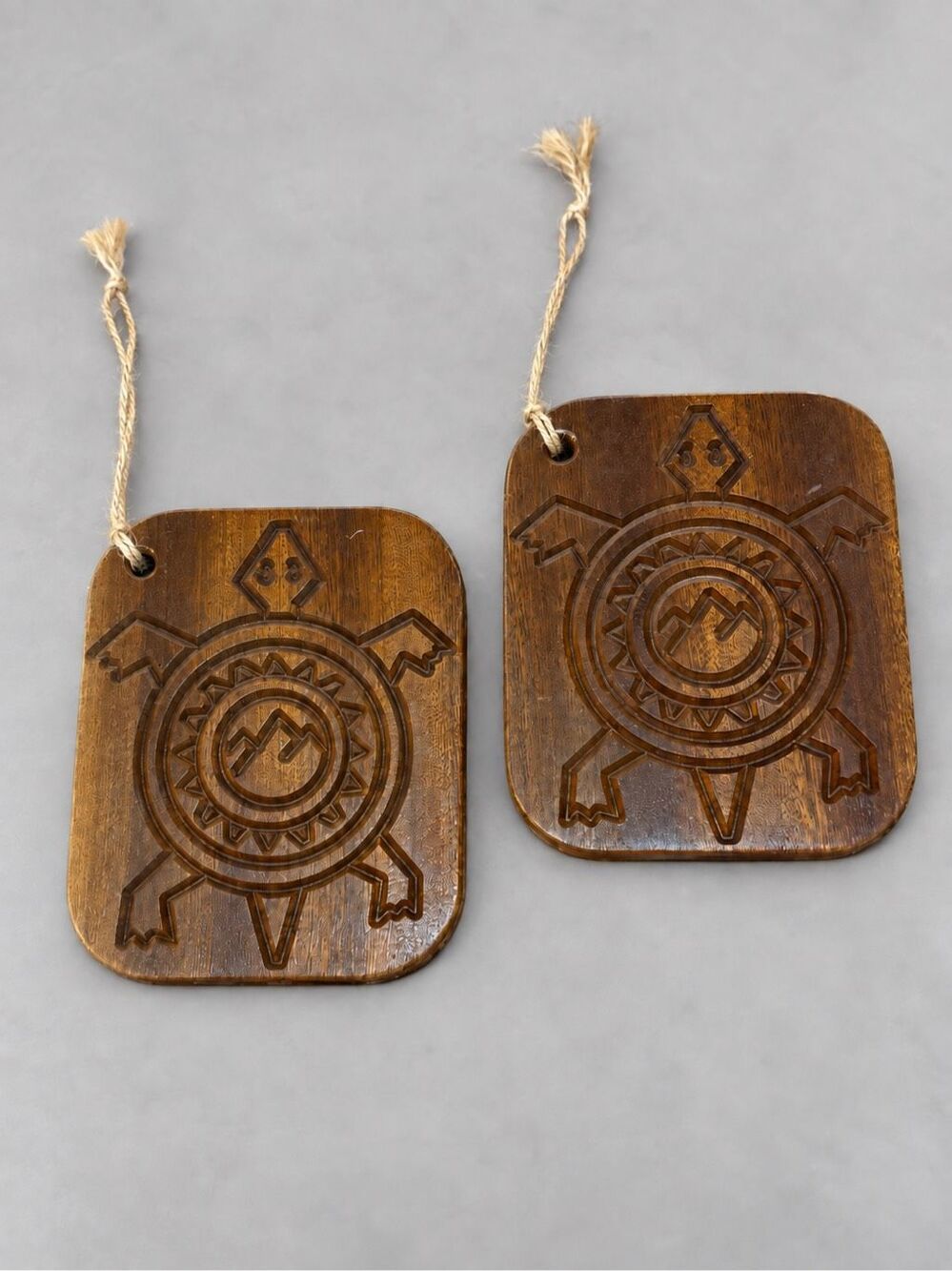 Coastal Boho Rustic Wood Turtle Wall Plaques Brown Hanging Decor Set of 2